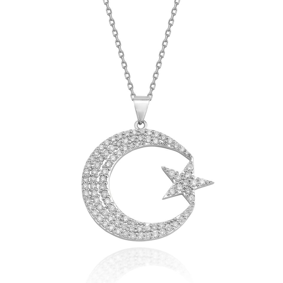 14 Ayar Altın 2.22 Karat Pırlanta Ay Yıldız Kolye